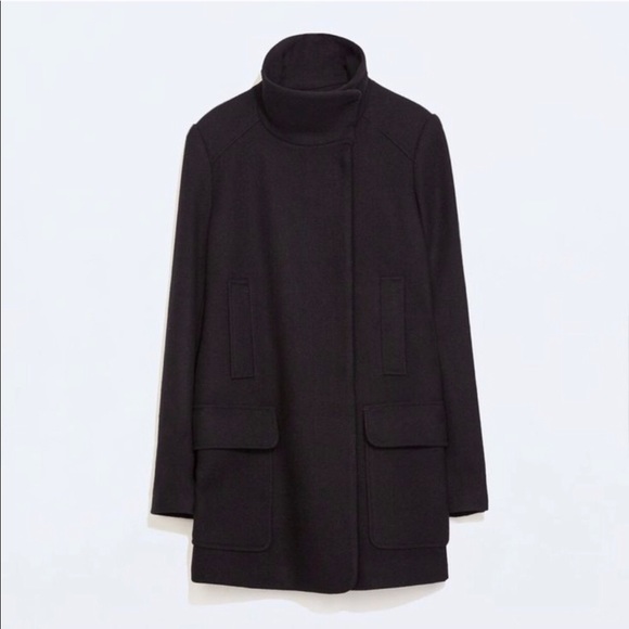 Zara Jackets & Blazers - NWT ZARA FUNNEL NECK BLACK PEACOAT [Medium]